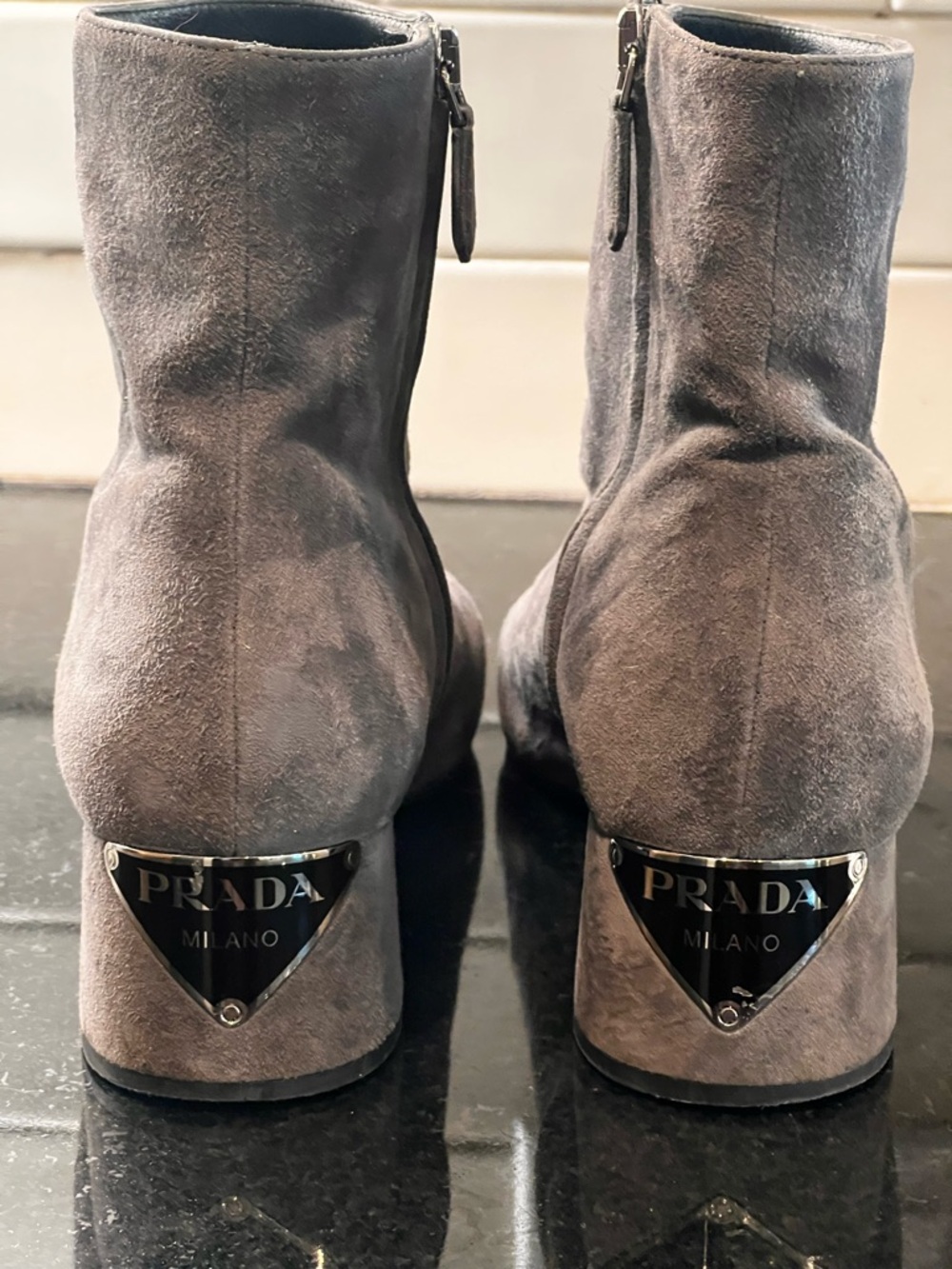 Prada Gray Suede Ankle Booties with Logo Heel Plates